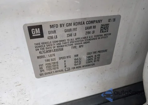 2020 Chevrolet Trax Fwd Ls z USA, uszkodzony, nr VIN KL7CJKSB1LB322558